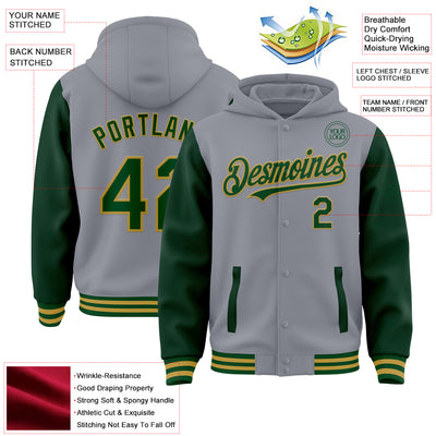 Custom Gray Green-Old Gold Bomber Full-Snap Varsity Letterman Two Tone Hoodie Jacket