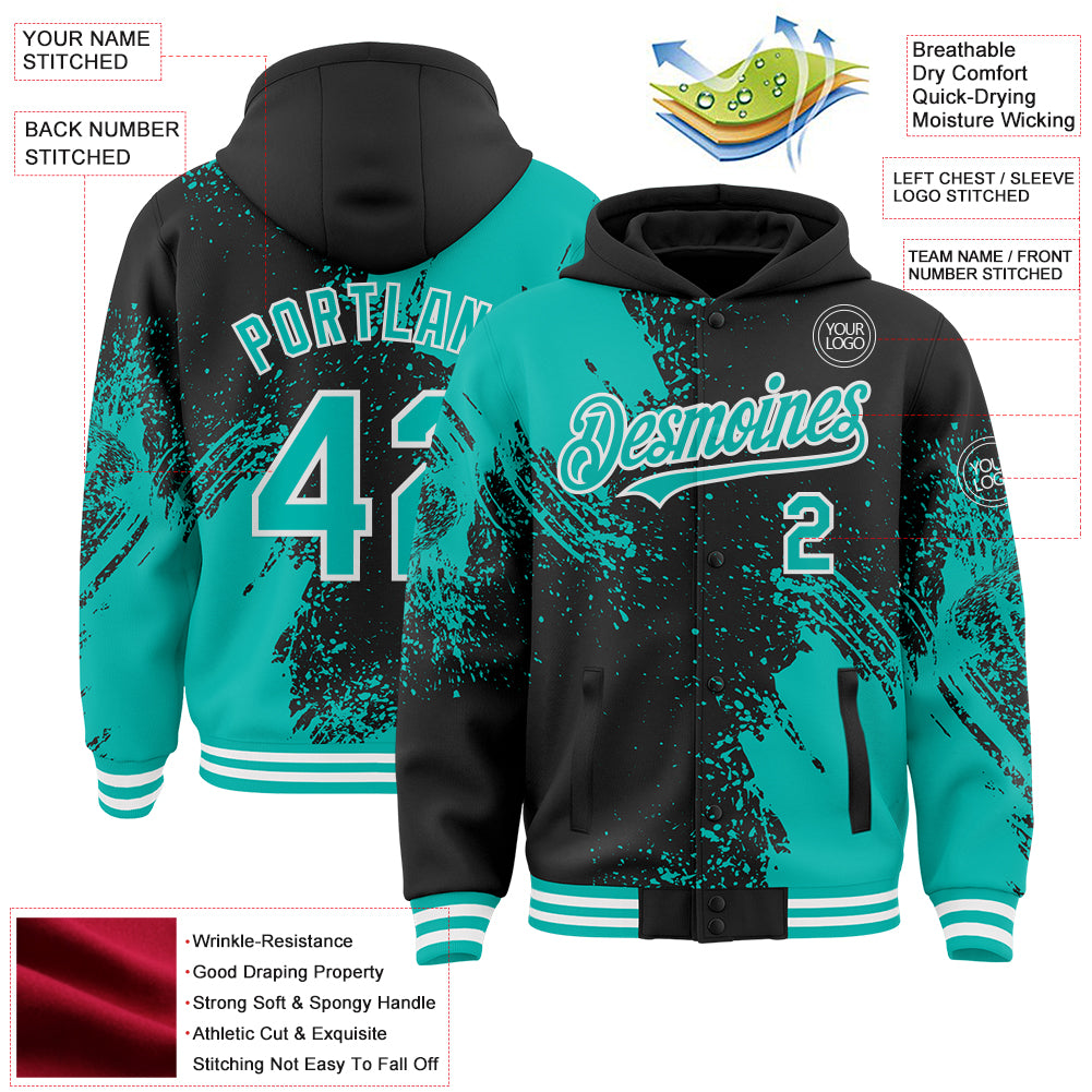 Custom Black Aqua-White Abstract Brush Stroke 3D Pattern Design Bomber Full-Snap Varsity Letterman Hoodie Jacket