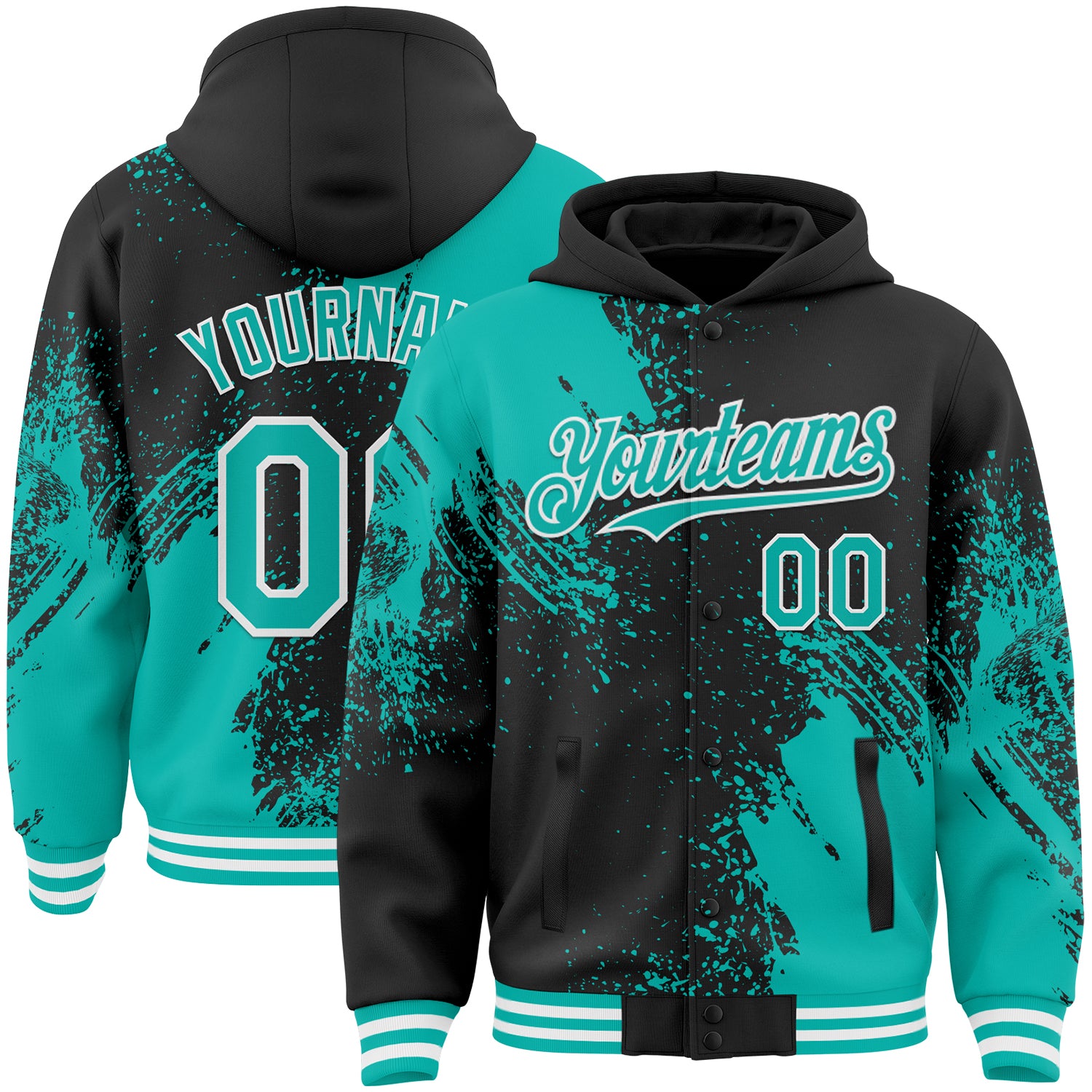 Custom Black Aqua-White Abstract Brush Stroke 3D Pattern Design Bomber Full-Snap Varsity Letterman Hoodie Jacket