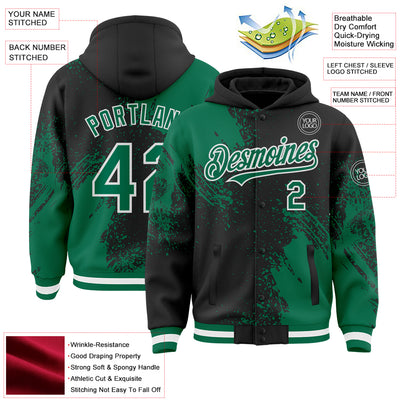 Custom Black Kelly Green-White Abstract Brush Stroke 3D Pattern Design Bomber Full-Snap Varsity Letterman Hoodie Jacket