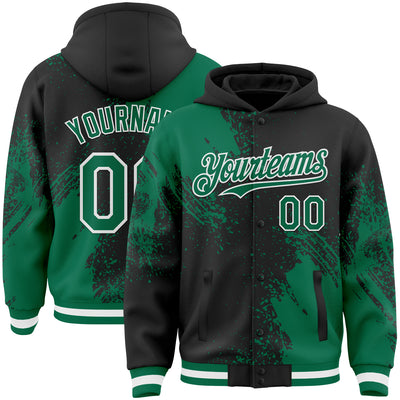 Custom Black Kelly Green-White Abstract Brush Stroke 3D Pattern Design Bomber Full-Snap Varsity Letterman Hoodie Jacket