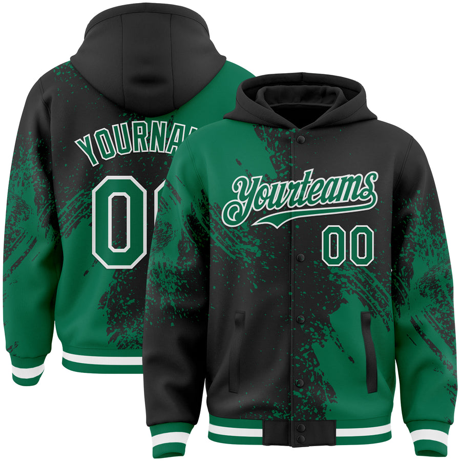 Custom Black Kelly Green-White Abstract Brush Stroke 3D Pattern Design Bomber Full-Snap Varsity Letterman Hoodie Jacket