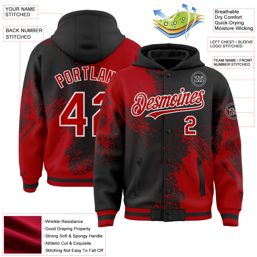 Custom Black Red-White Abstract Brush Stroke 3D Pattern Design Bomber Full-Snap Varsity Letterman Hoodie Jacket