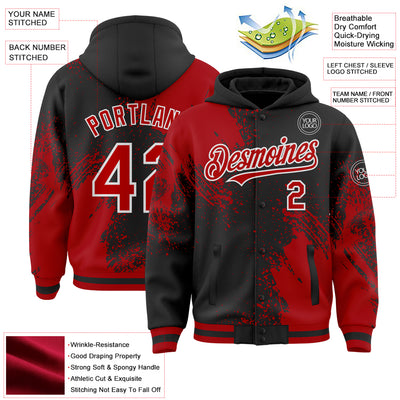 Custom Black Red-White Abstract Brush Stroke 3D Pattern Design Bomber Full-Snap Varsity Letterman Hoodie Jacket