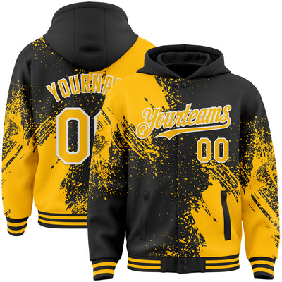Custom Black Gold-White Abstract Brush Stroke 3D Pattern Design Bomber Full-Snap Varsity Letterman Hoodie Jacket