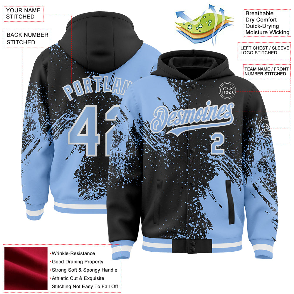 Custom Black Light Blue-White Abstract Brush Stroke 3D Pattern Design Bomber Full-Snap Varsity Letterman Hoodie Jacket