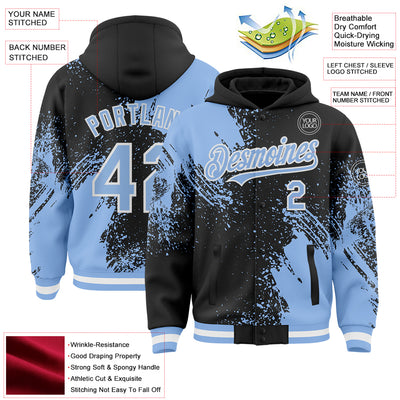 Custom Black Light Blue-White Abstract Brush Stroke 3D Pattern Design Bomber Full-Snap Varsity Letterman Hoodie Jacket