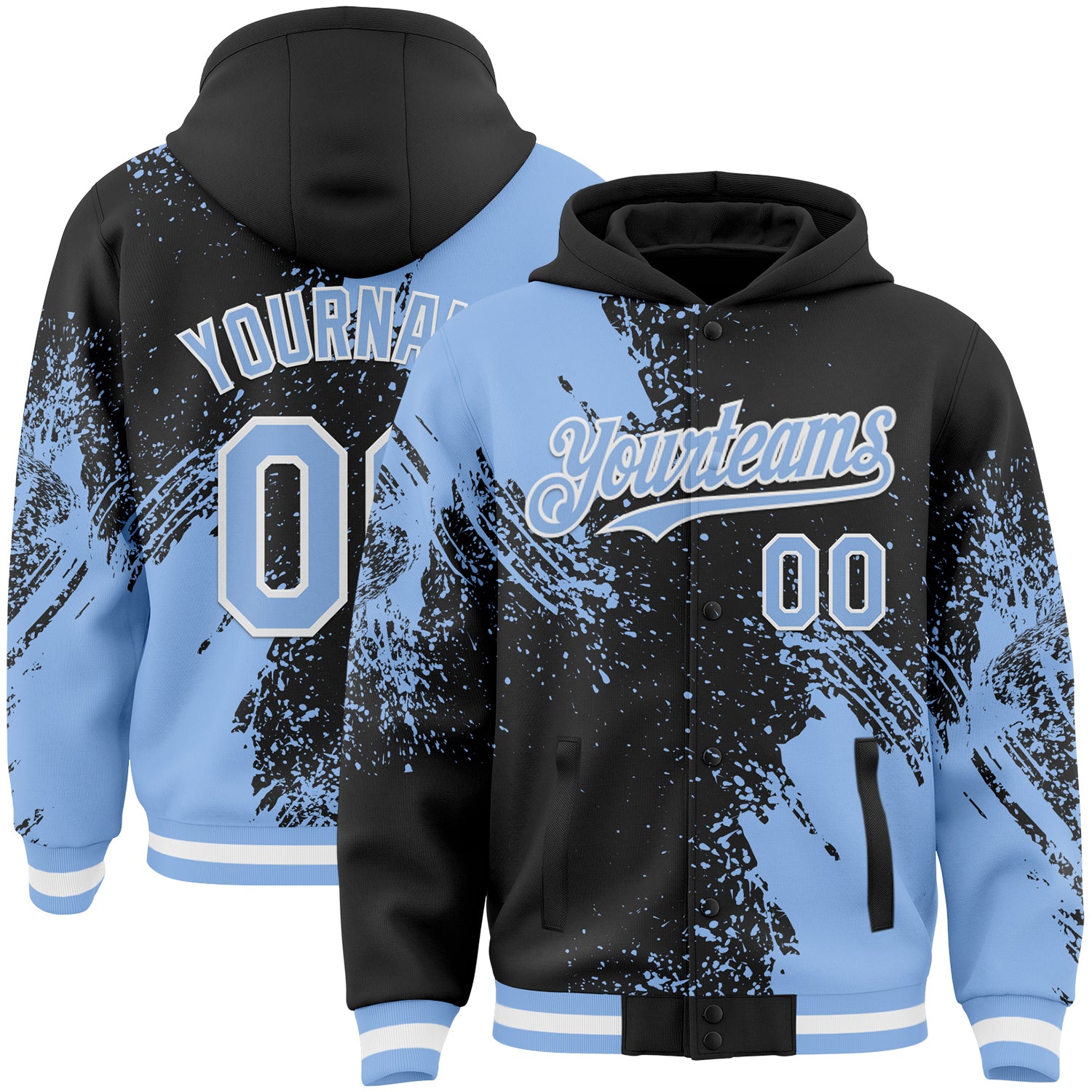 Custom Black Light Blue-White Abstract Brush Stroke 3D Pattern Design Bomber Full-Snap Varsity Letterman Hoodie Jacket