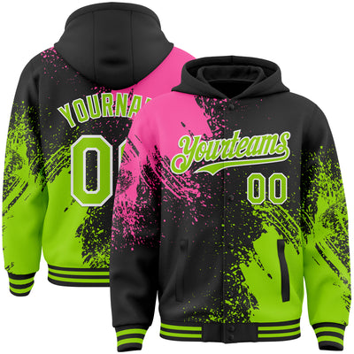 Custom Black Neon Green Pink-White Abstract Brush Stroke 3D Pattern Design Bomber Full-Snap Varsity Letterman Hoodie Jacket