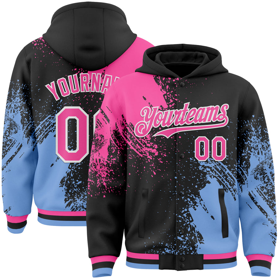 Custom Black Pink Light Blue-White Abstract Brush Stroke 3D Pattern Design Bomber Full-Snap Varsity Letterman Hoodie Jacket
