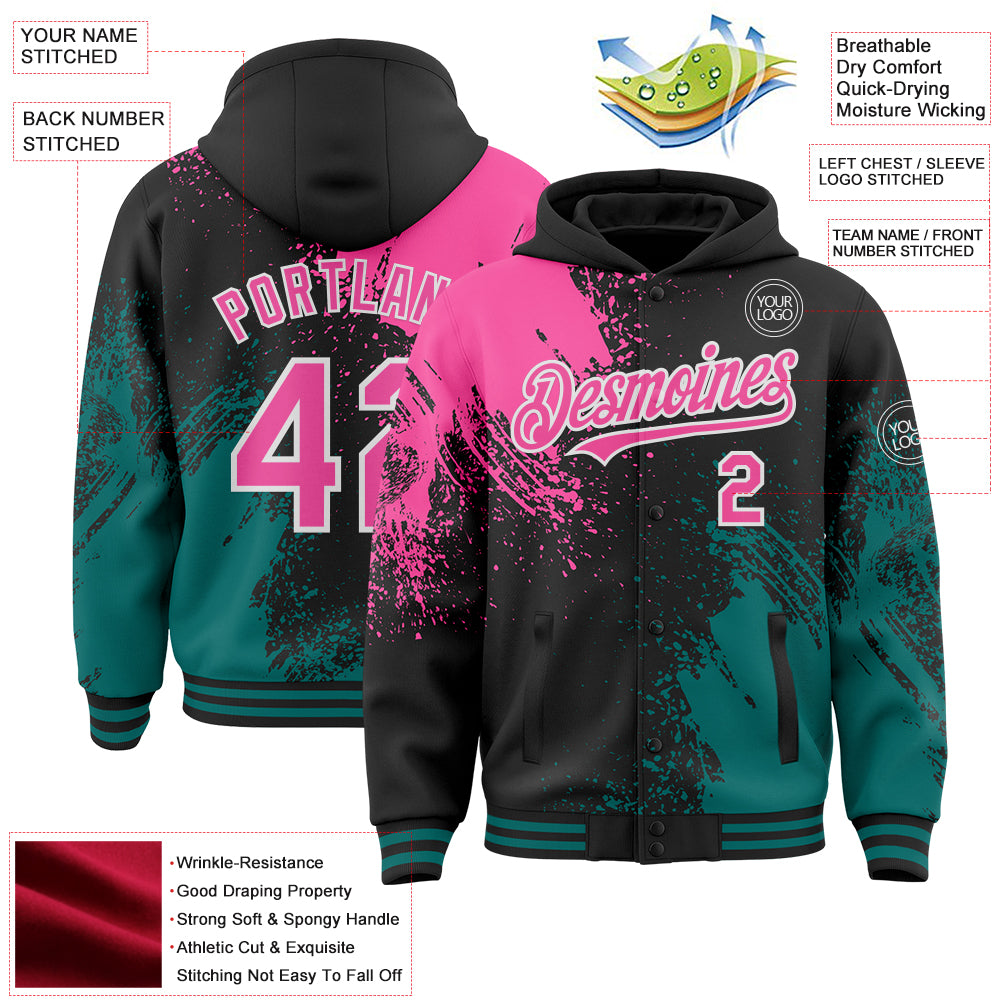 Custom Black Pink Teal-White Abstract Brush Stroke 3D Pattern Design Bomber Full-Snap Varsity Letterman Hoodie Jacket