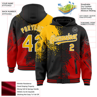 Custom Black Gold Red-White Abstract Brush Stroke 3D Pattern Design Bomber Full-Snap Varsity Letterman Hoodie Jacket