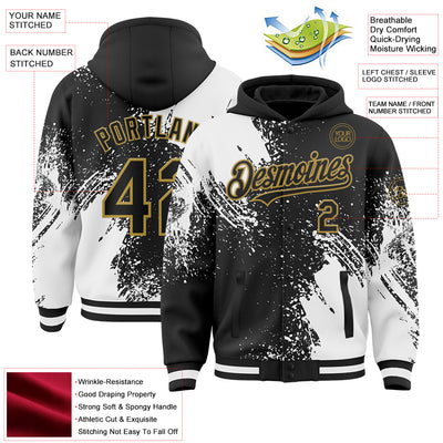 Custom Black White-Old Gold Abstract Brush Stroke 3D Pattern Design Bomber Full-Snap Varsity Letterman Hoodie Jacket