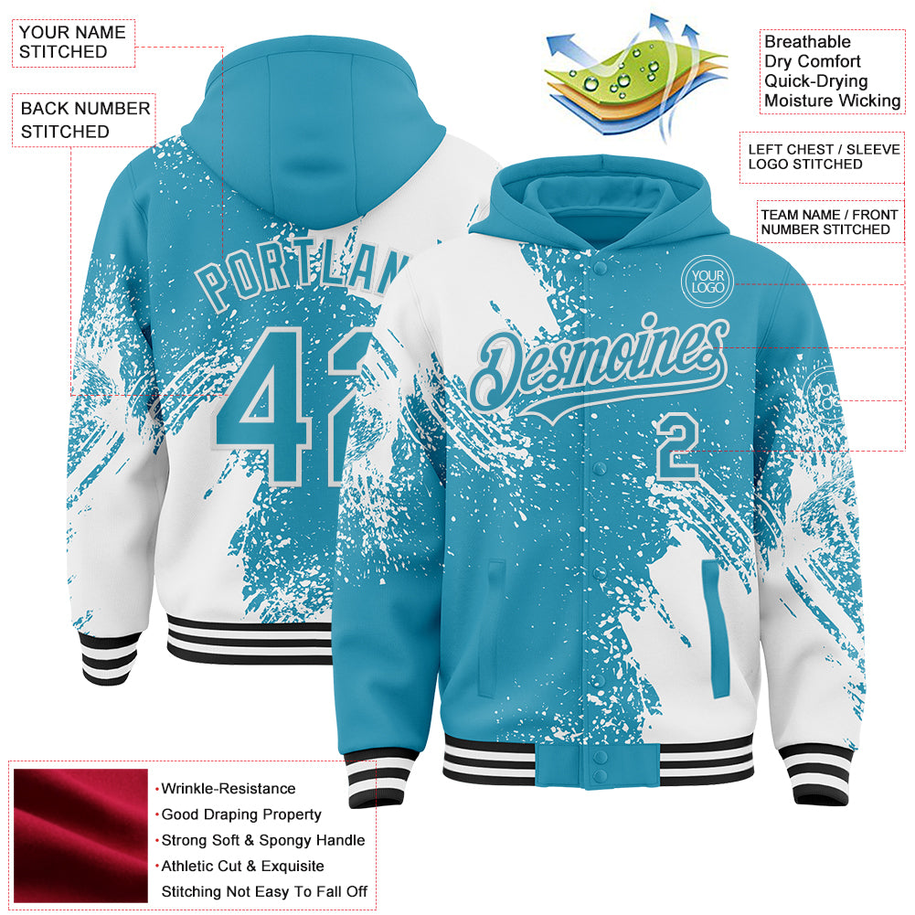 Custom Panther Blue White-Black Abstract Brush Stroke 3D Pattern Design Bomber Full-Snap Varsity Letterman Hoodie Jacket