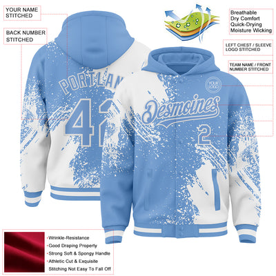 Custom Light Blue White Abstract Brush Stroke 3D Pattern Design Bomber Full-Snap Varsity Letterman Hoodie Jacket