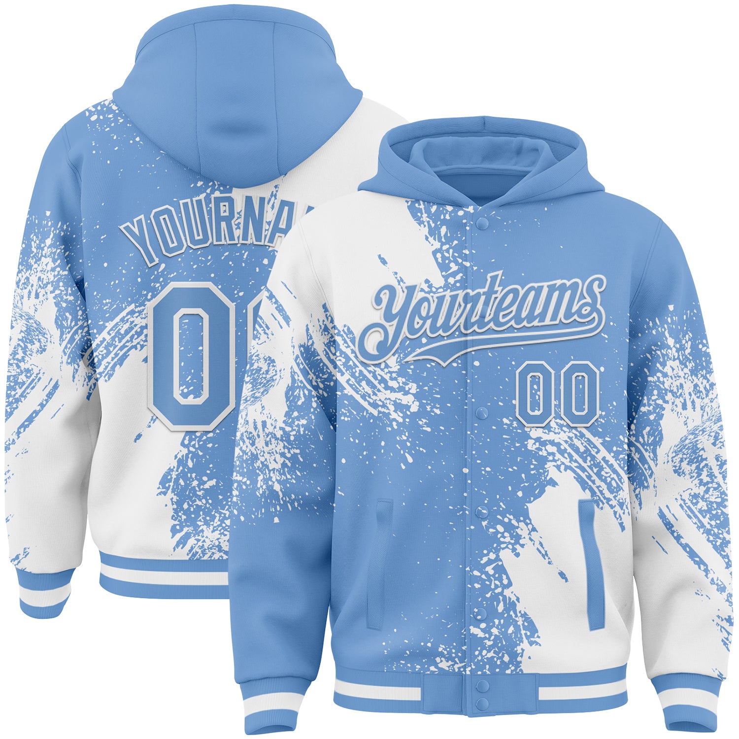 Custom Light Blue White Abstract Brush Stroke 3D Pattern Design Bomber Full-Snap Varsity Letterman Hoodie Jacket
