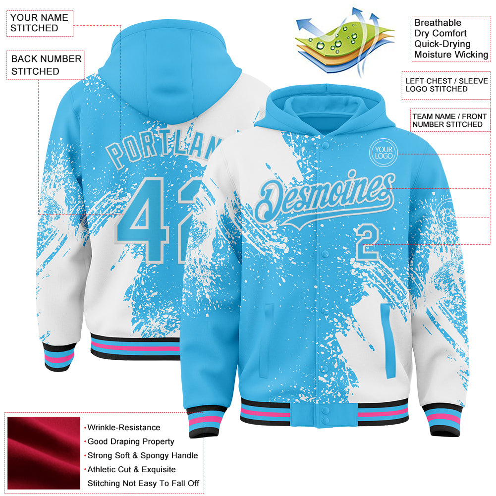 Custom Sky Blue White Black-Pink Abstract Brush Stroke 3D Pattern Design Bomber Full-Snap Varsity Letterman Hoodie Jacket