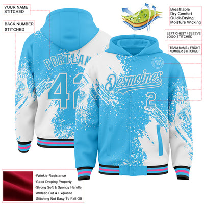 Custom Sky Blue White Black-Pink Abstract Brush Stroke 3D Pattern Design Bomber Full-Snap Varsity Letterman Hoodie Jacket