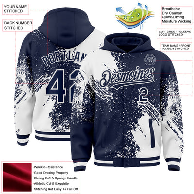 Custom Navy White Abstract Brush Stroke 3D Pattern Design Bomber Full-Snap Varsity Letterman Hoodie Jacket