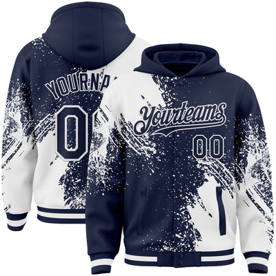 Custom Navy White Abstract Brush Stroke 3D Pattern Design Bomber Full-Snap Varsity Letterman Hoodie Jacket