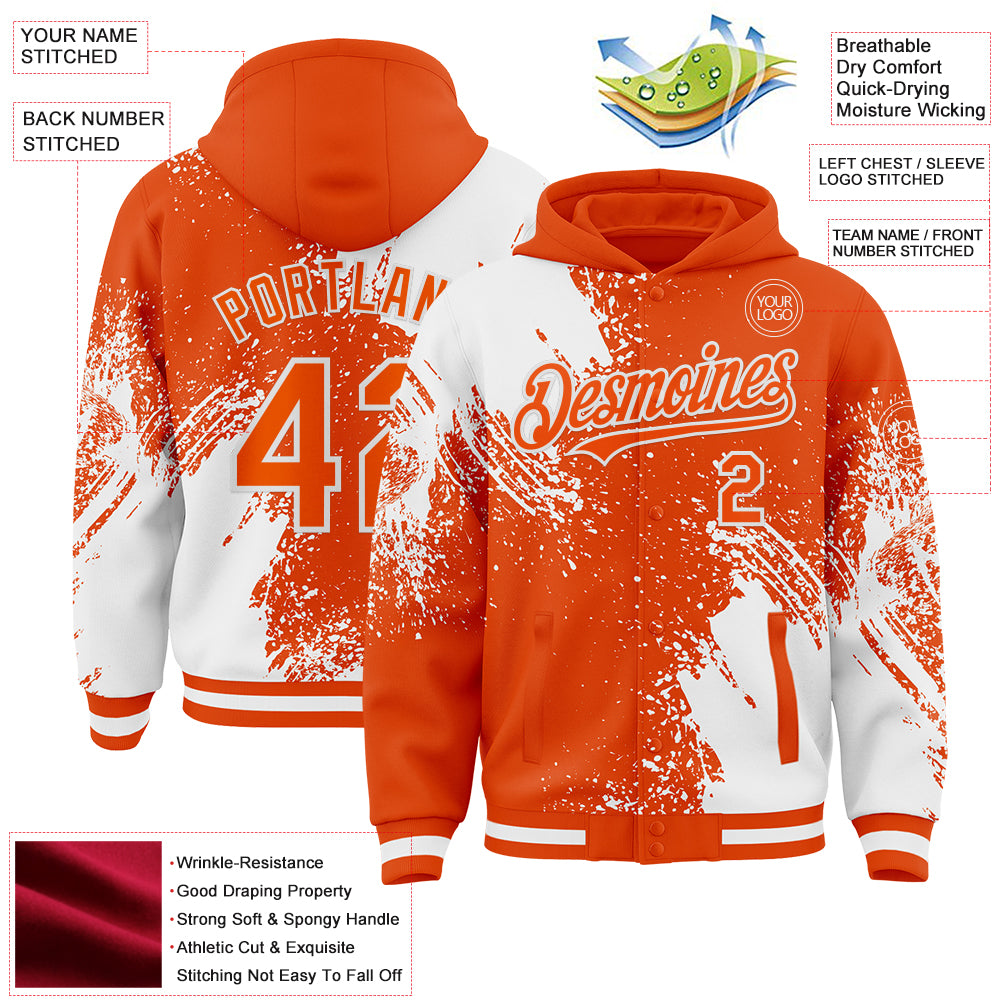 Custom Orange White Abstract Brush Stroke 3D Pattern Design Bomber Full-Snap Varsity Letterman Hoodie Jacket