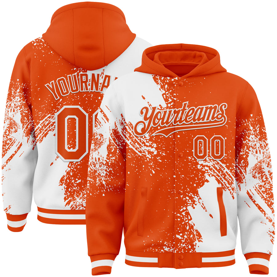 Custom Orange White Abstract Brush Stroke 3D Pattern Design Bomber Full-Snap Varsity Letterman Hoodie Jacket