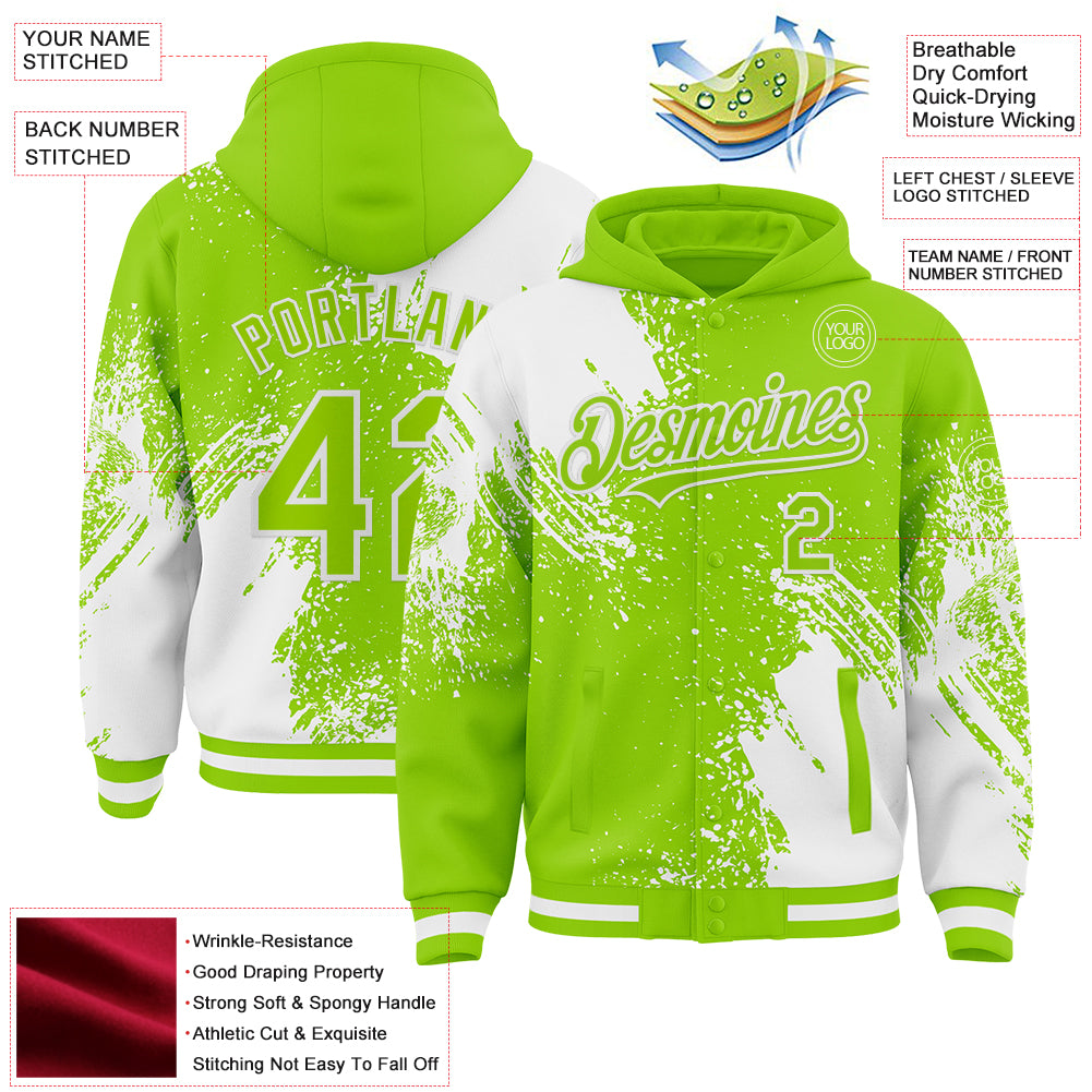 Custom Neon Green White Abstract Brush Stroke 3D Pattern Design Bomber Full-Snap Varsity Letterman Hoodie Jacket