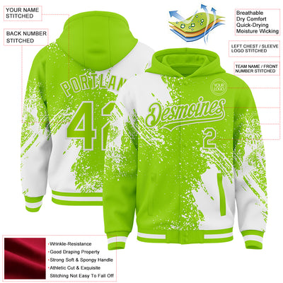 Custom Neon Green White Abstract Brush Stroke 3D Pattern Design Bomber Full-Snap Varsity Letterman Hoodie Jacket