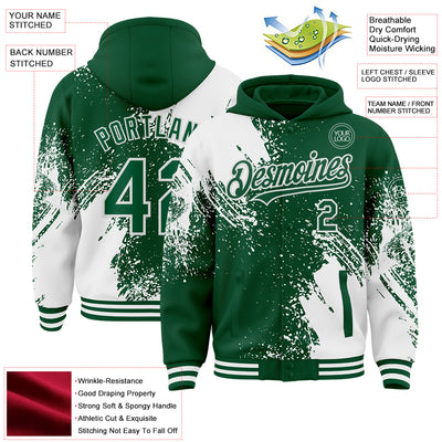 Custom Kelly Green White Abstract Brush Stroke 3D Pattern Design Bomber Full-Snap Varsity Letterman Hoodie Jacket