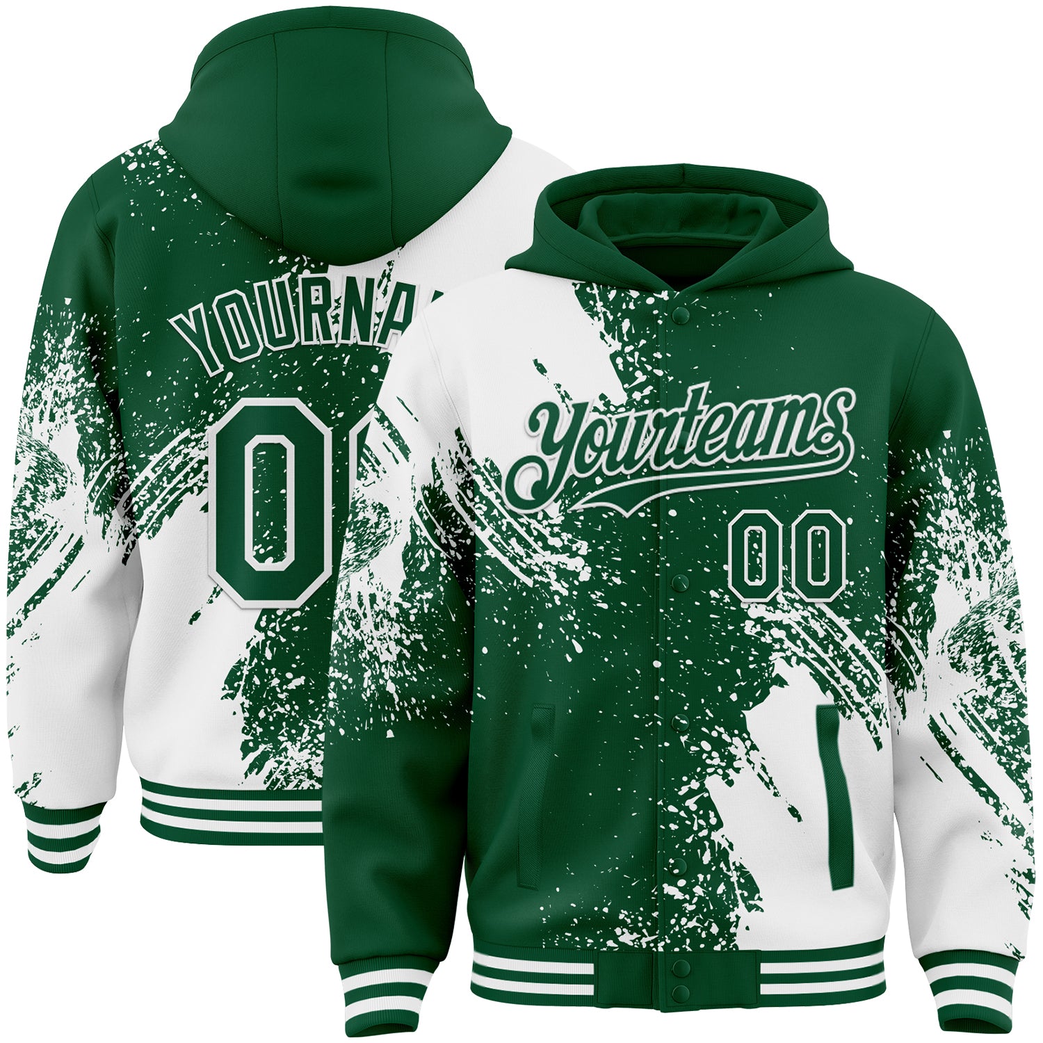 Custom Kelly Green White Abstract Brush Stroke 3D Pattern Design Bomber Full-Snap Varsity Letterman Hoodie Jacket