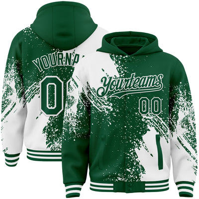 Custom Kelly Green White Abstract Brush Stroke 3D Pattern Design Bomber Full-Snap Varsity Letterman Hoodie Jacket