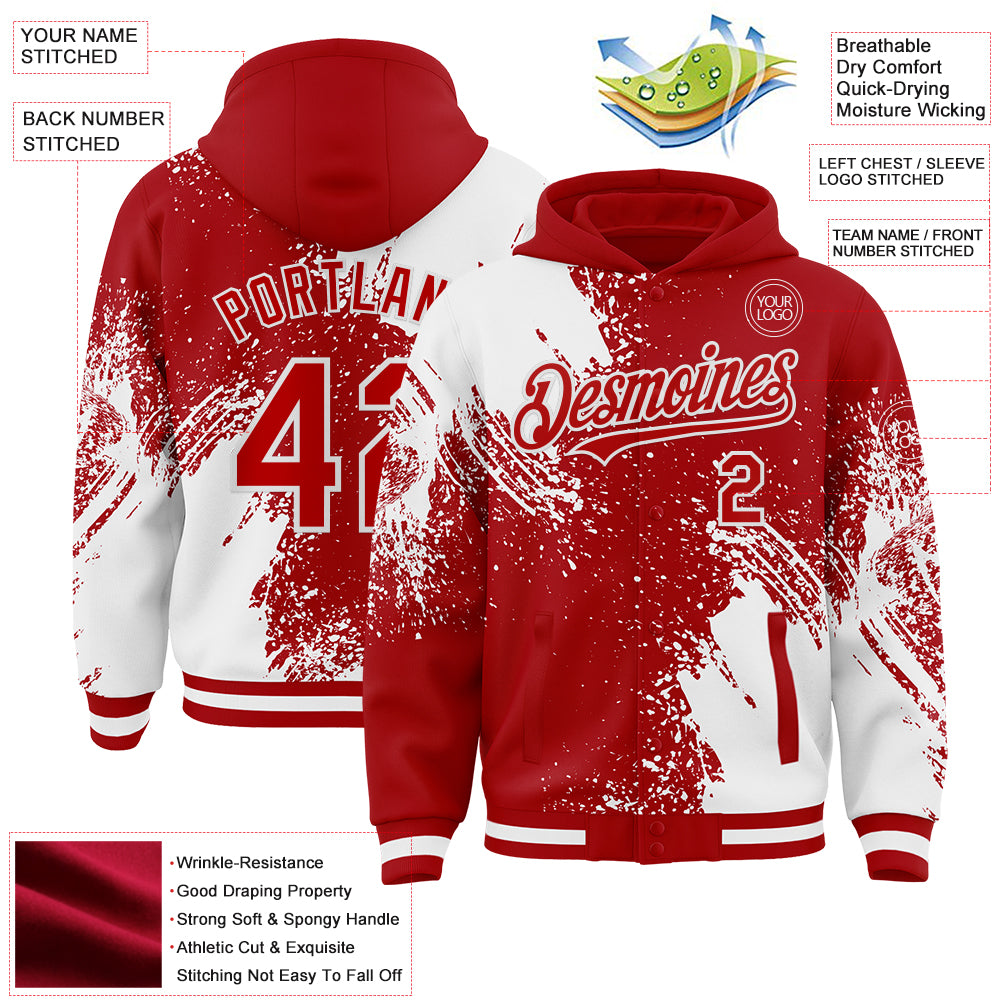 Custom Red White Abstract Brush Stroke 3D Pattern Design Bomber Full-Snap Varsity Letterman Hoodie Jacket