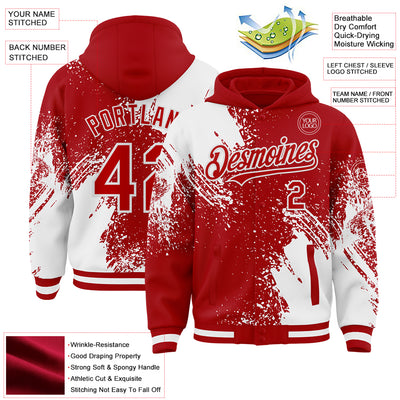 Custom Red White Abstract Brush Stroke 3D Pattern Design Bomber Full-Snap Varsity Letterman Hoodie Jacket