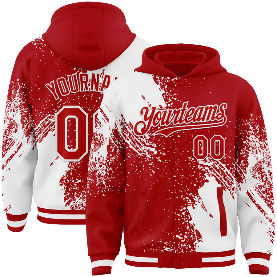 Custom Red White Abstract Brush Stroke 3D Pattern Design Bomber Full-Snap Varsity Letterman Hoodie Jacket