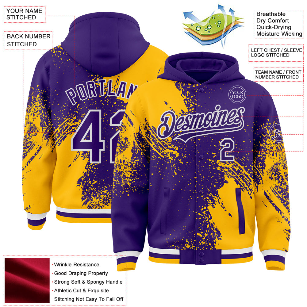 Custom Purple Gold-White Abstract Brush Stroke 3D Pattern Design Bomber Full-Snap Varsity Letterman Hoodie Jacket