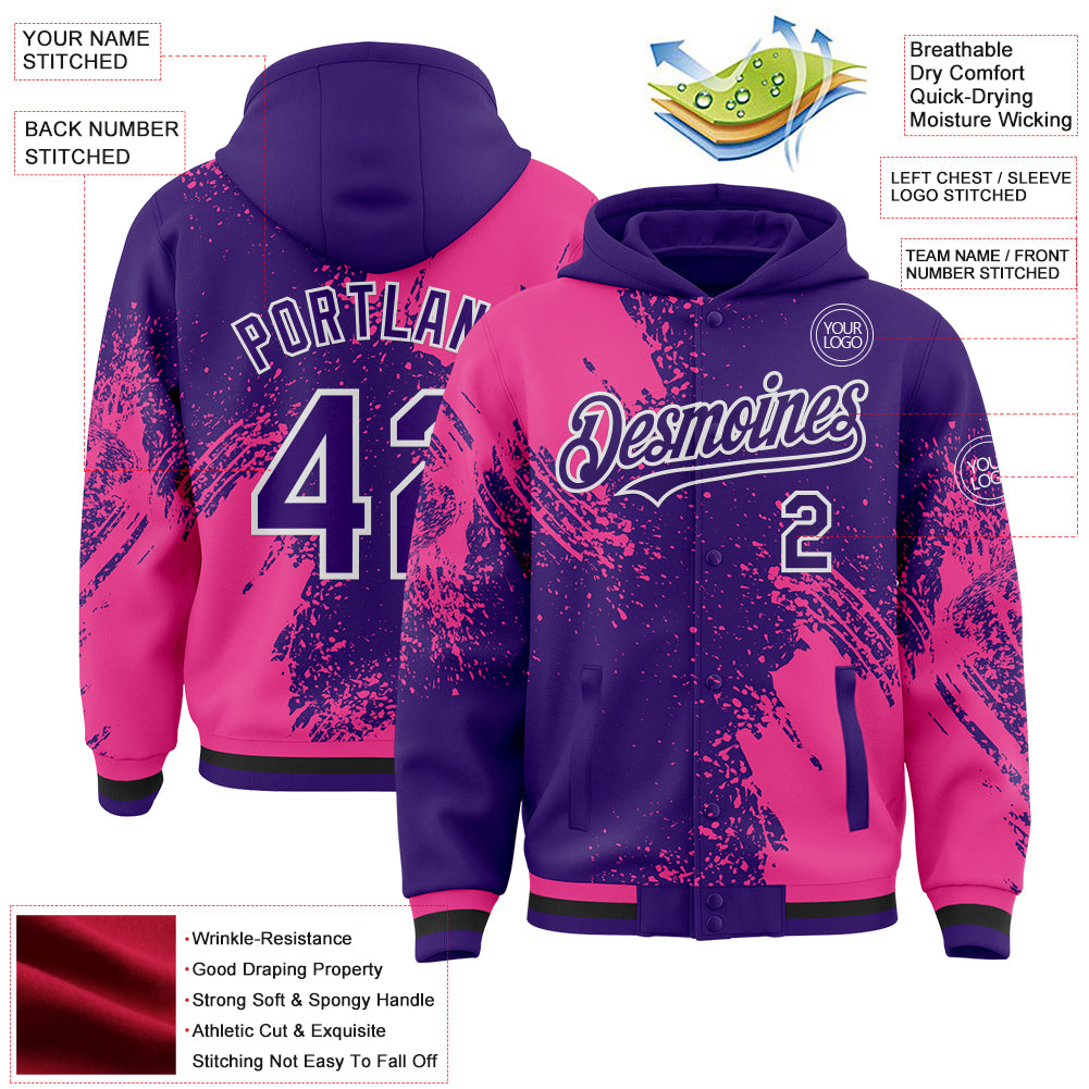 Custom Purple Pink-White Abstract Brush Stroke 3D Pattern Design Bomber Full-Snap Varsity Letterman Hoodie Jacket