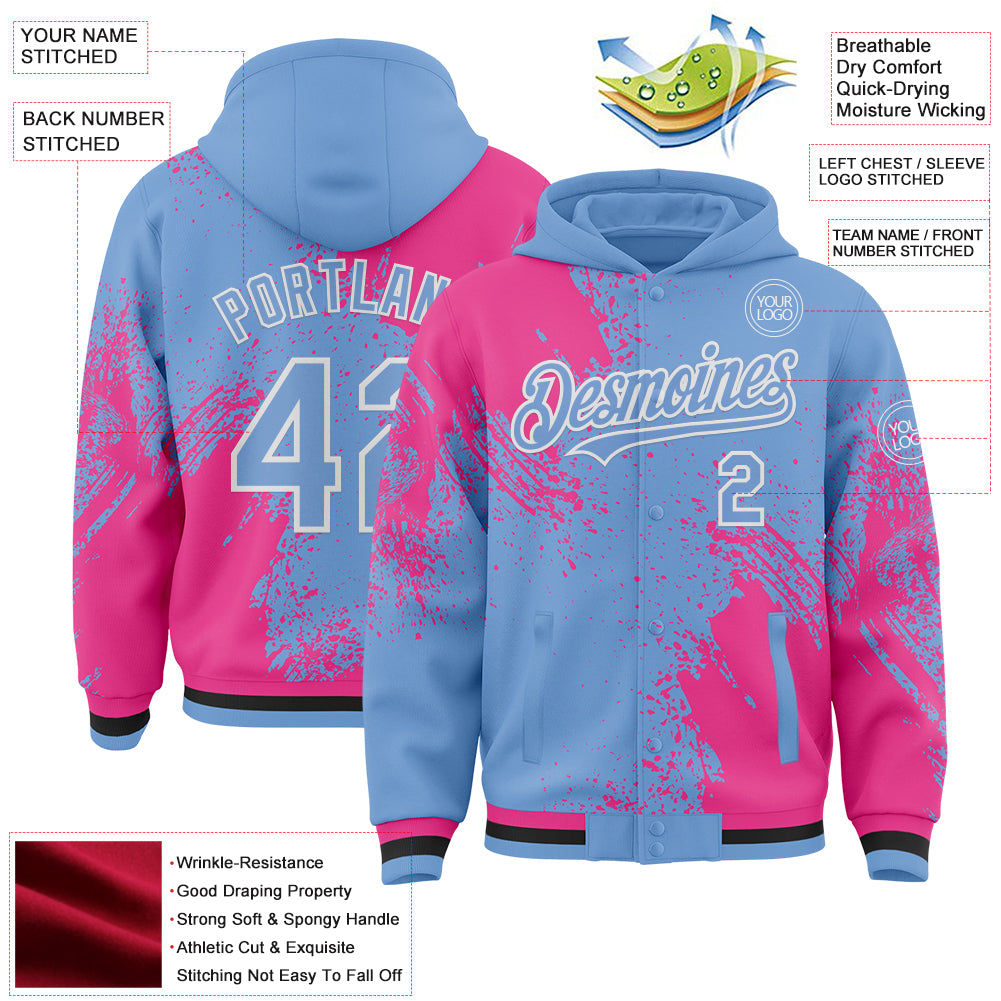 Custom Light Blue Pink-White Abstract Brush Stroke 3D Pattern Design Bomber Full-Snap Varsity Letterman Hoodie Jacket