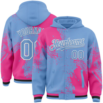 Custom Light Blue Pink-White Abstract Brush Stroke 3D Pattern Design Bomber Full-Snap Varsity Letterman Hoodie Jacket