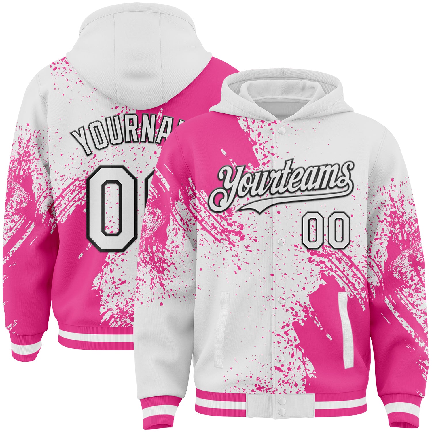 Custom White Pink-Black Abstract Brush Stroke 3D Pattern Design Bomber Full-Snap Varsity Letterman Hoodie Jacket