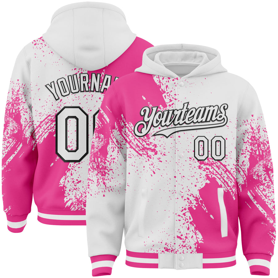 Custom White Pink-Black Abstract Brush Stroke 3D Pattern Design Bomber Full-Snap Varsity Letterman Hoodie Jacket