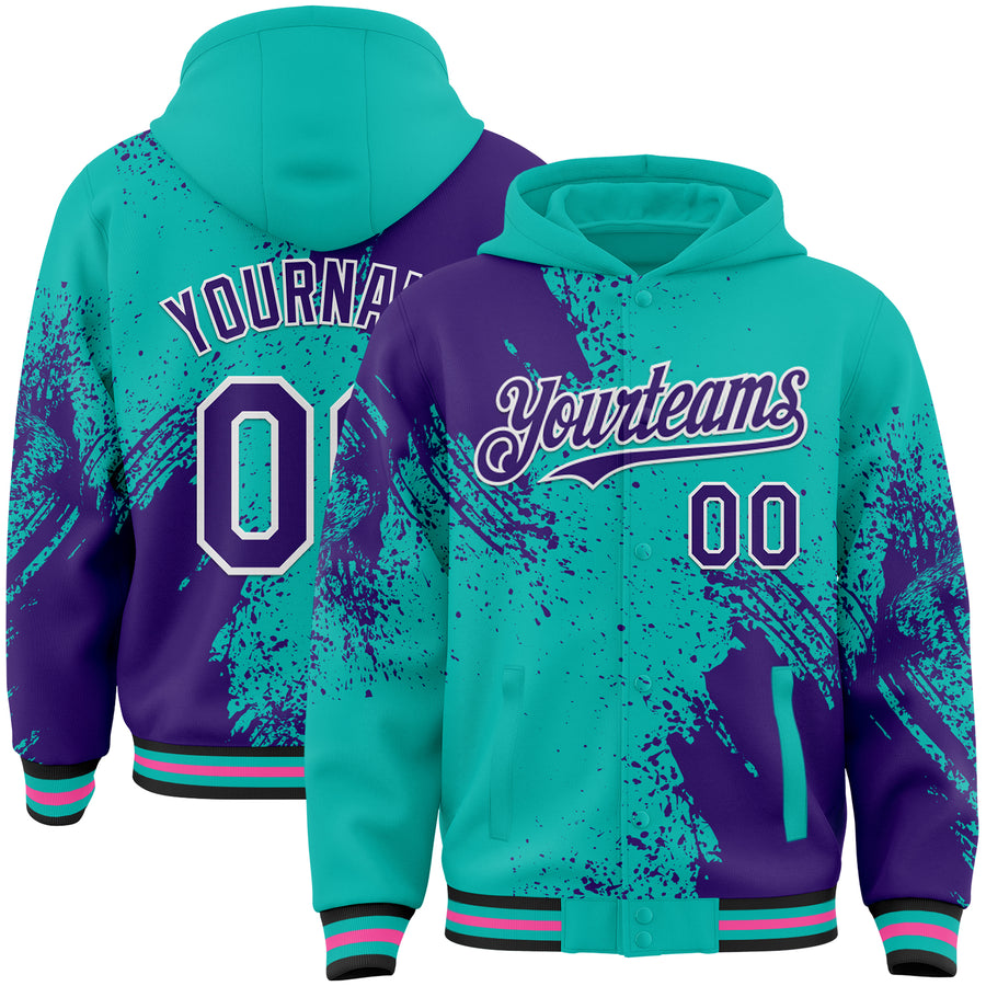 Custom Aqua Purple Black Pink-White Abstract Brush Stroke 3D Pattern Design Bomber Full-Snap Varsity Letterman Hoodie Jacket