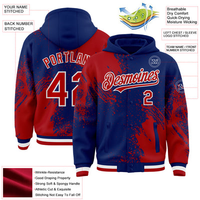 Custom Royal Red-White Abstract Brush Stroke 3D Pattern Design Bomber Full-Snap Varsity Letterman Hoodie Jacket