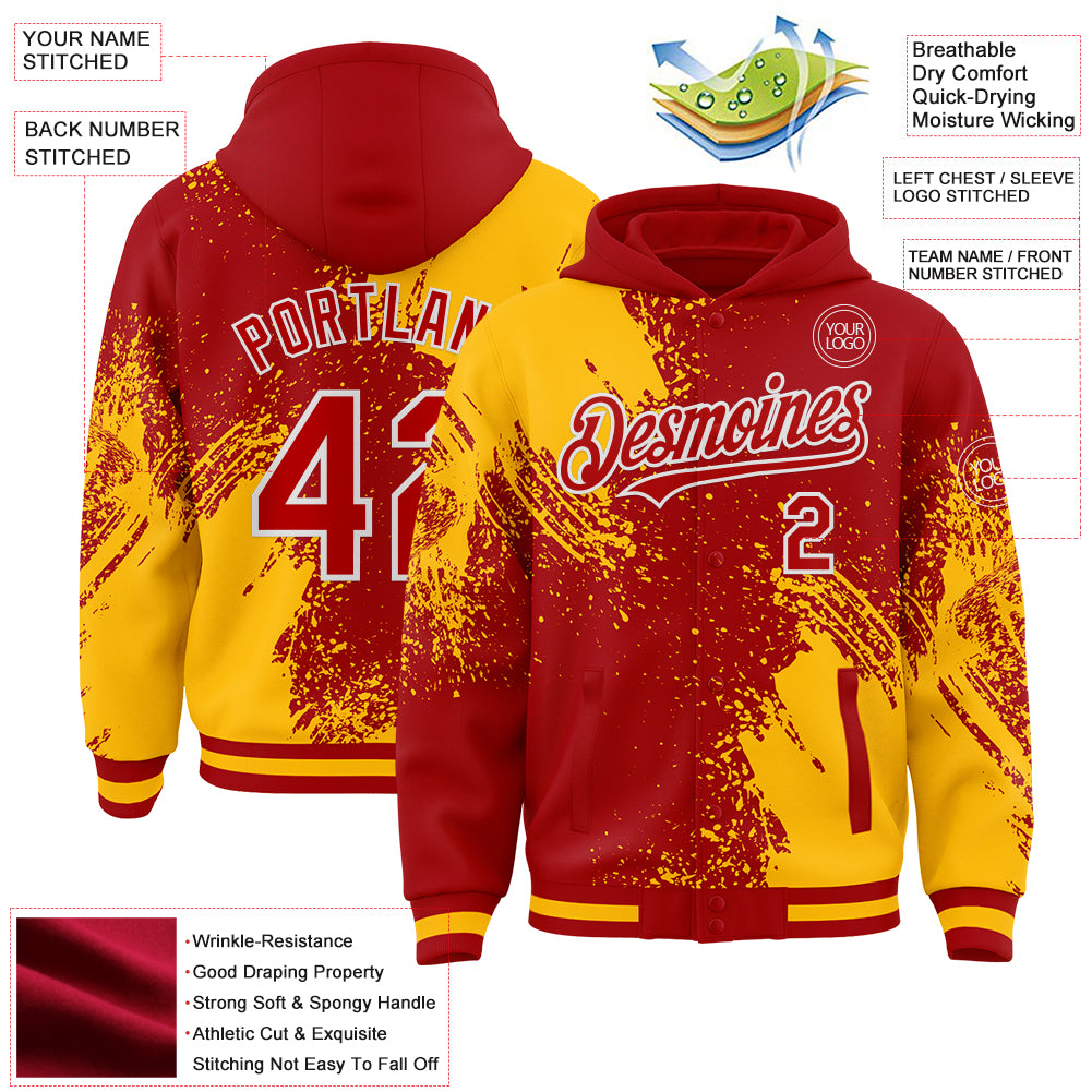 Custom Red Gold-White Abstract Brush Stroke 3D Pattern Design Bomber Full-Snap Varsity Letterman Hoodie Jacket