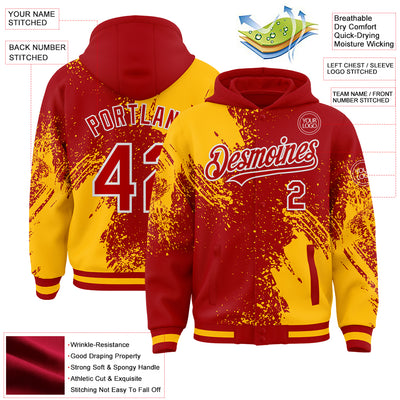 Custom Red Gold-White Abstract Brush Stroke 3D Pattern Design Bomber Full-Snap Varsity Letterman Hoodie Jacket