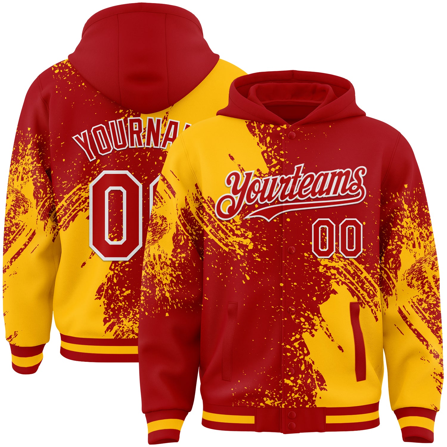Custom Red Gold-White Abstract Brush Stroke 3D Pattern Design Bomber Full-Snap Varsity Letterman Hoodie Jacket