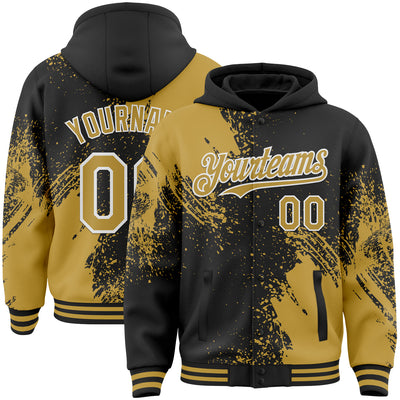 Custom Black Old Gold-White Abstract Brush Stroke 3D Pattern Design Bomber Full-Snap Varsity Letterman Hoodie Jacket