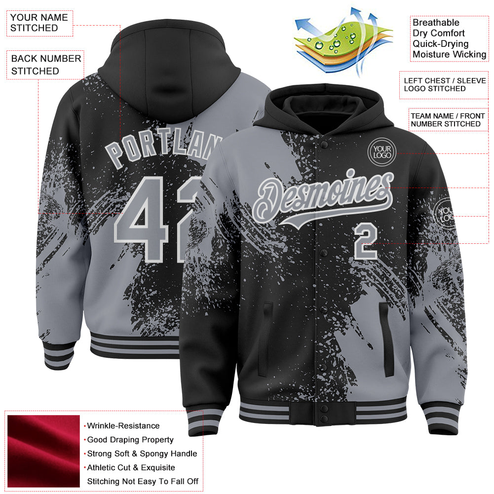 Custom Black Gray-White Abstract Brush Stroke 3D Pattern Design Bomber Full-Snap Varsity Letterman Hoodie Jacket