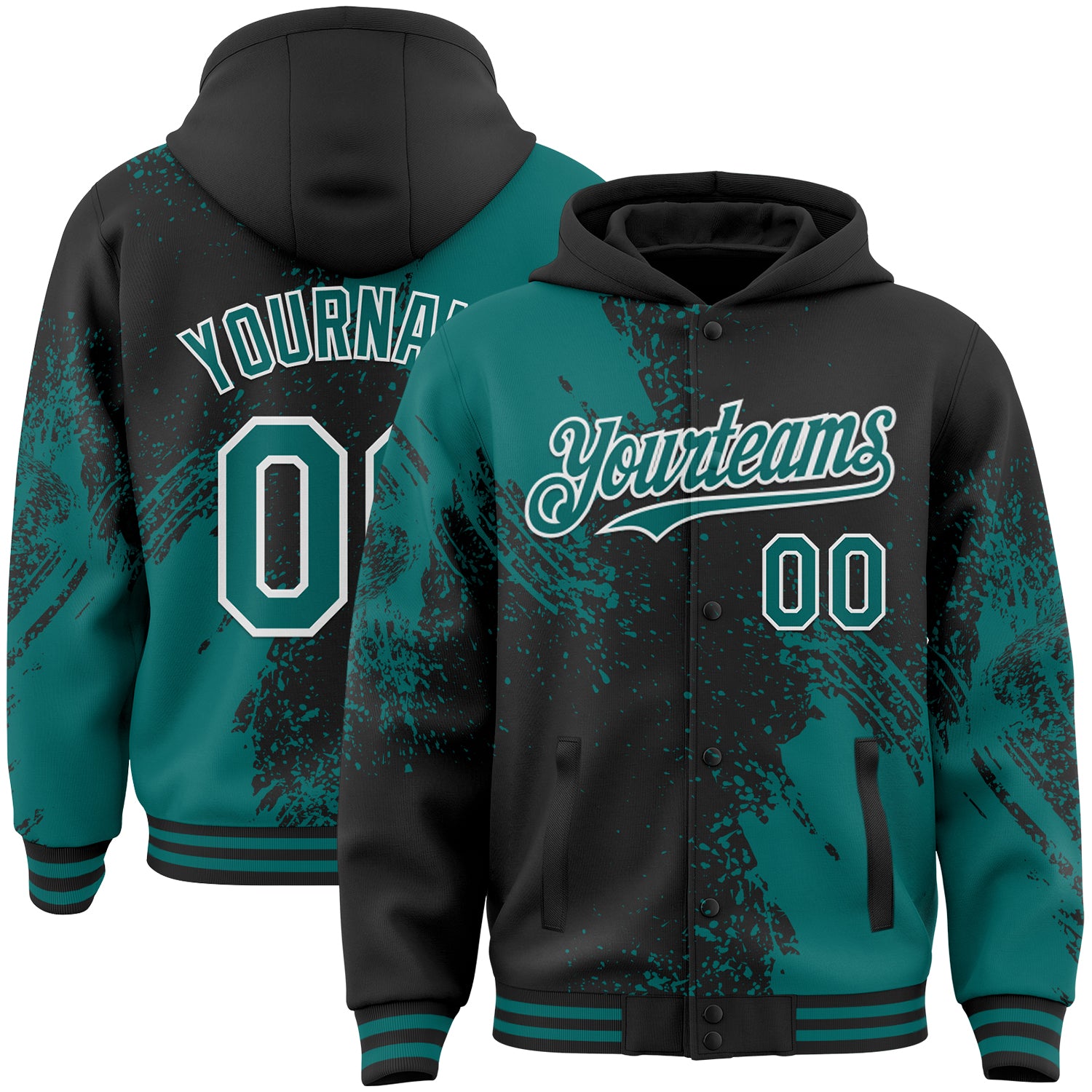 Custom Black Teal-White Abstract Brush Stroke 3D Pattern Design Bomber Full-Snap Varsity Letterman Hoodie Jacket