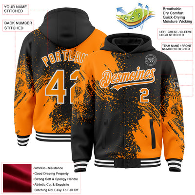 Custom Black Bay Orange-White Abstract Brush Stroke 3D Pattern Design Bomber Full-Snap Varsity Letterman Hoodie Jacket