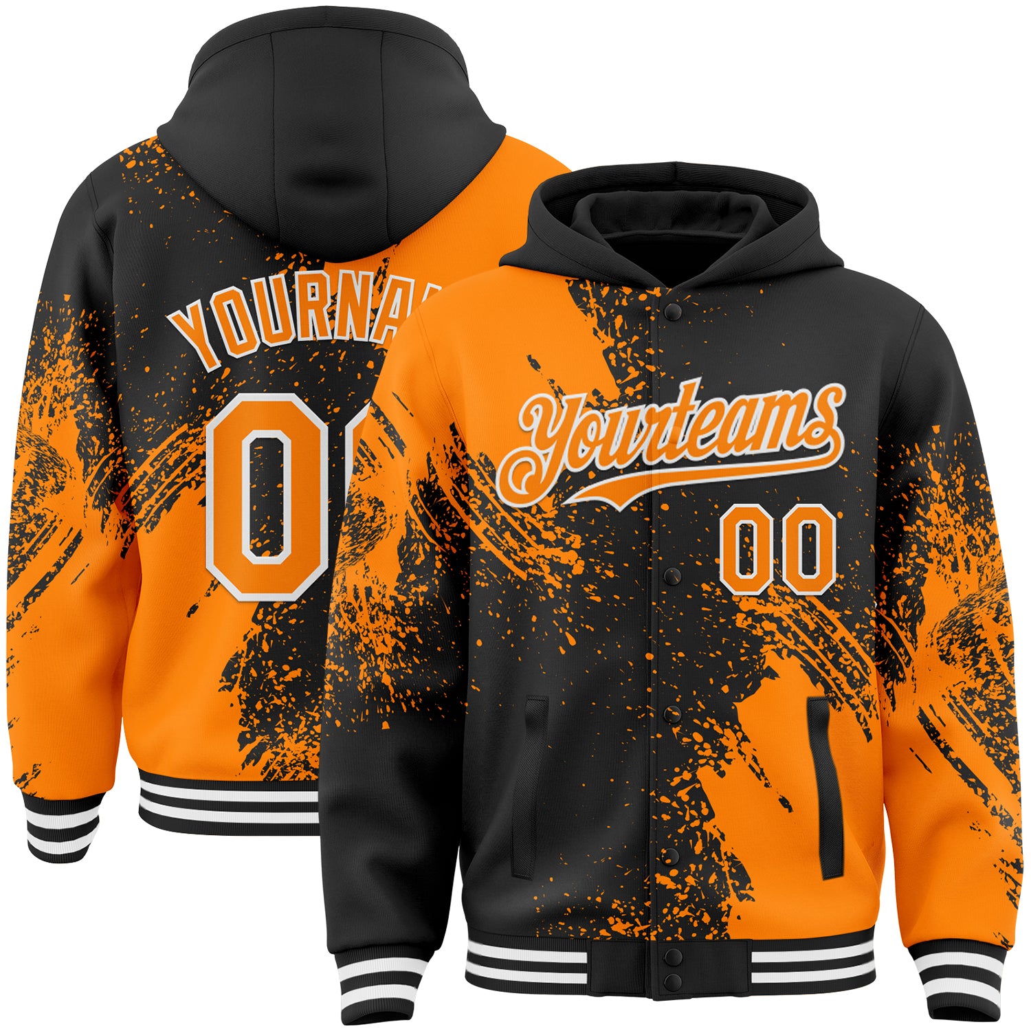 Custom Black Bay Orange-White Abstract Brush Stroke 3D Pattern Design Bomber Full-Snap Varsity Letterman Hoodie Jacket